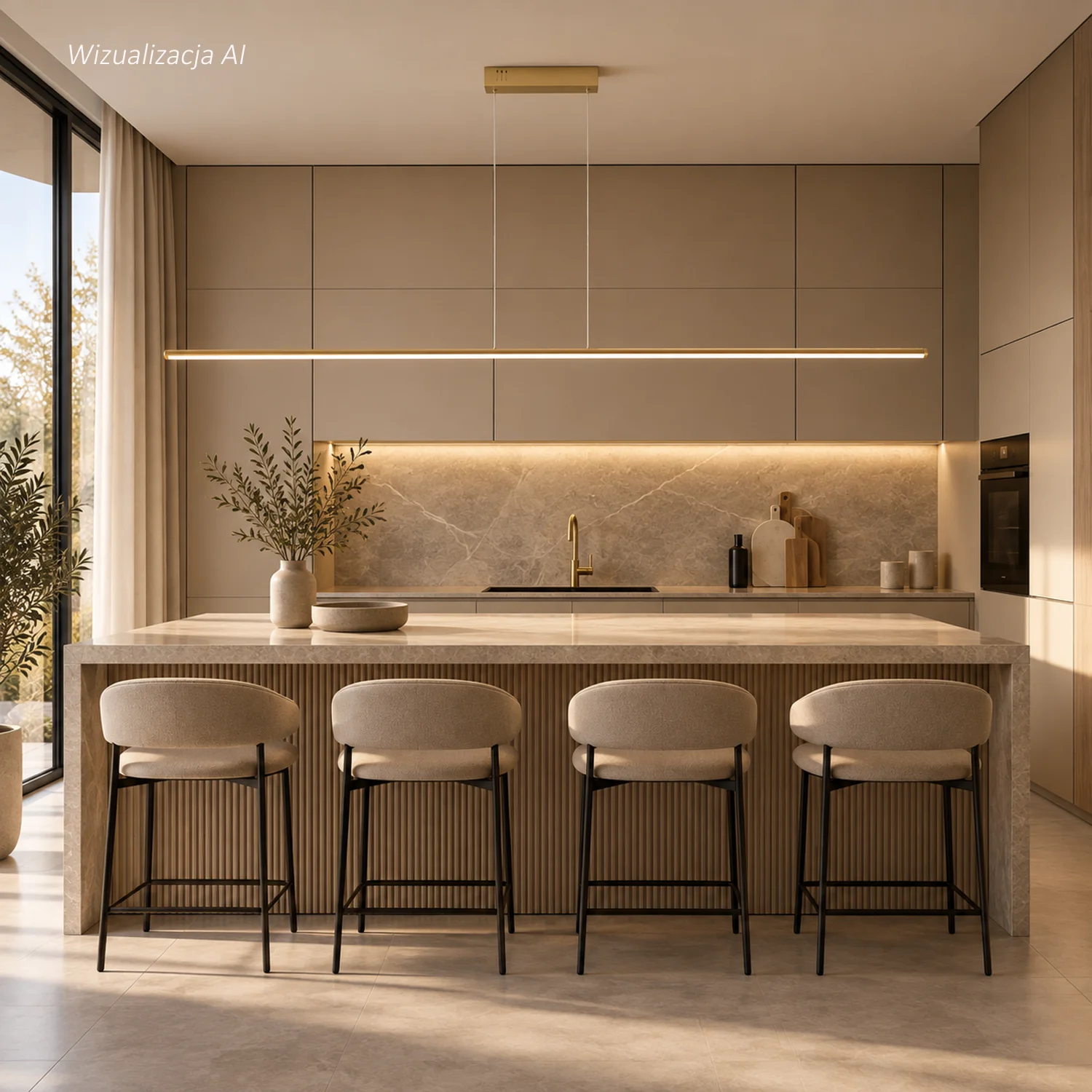 Złota lampa wisząca LED Line No.1 180 cm 3000K nad wyspą kuchenną