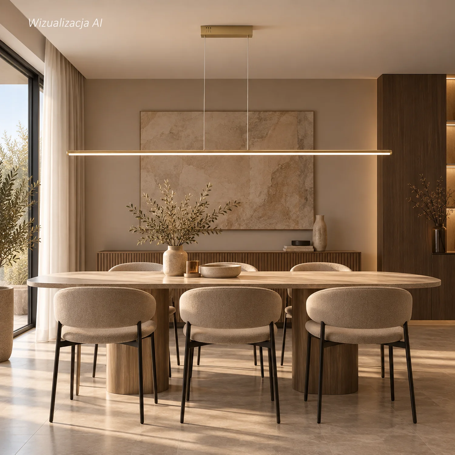 Złota lampa wisząca LED Line No.1 180 cm 3000K nad stołem w jadalni