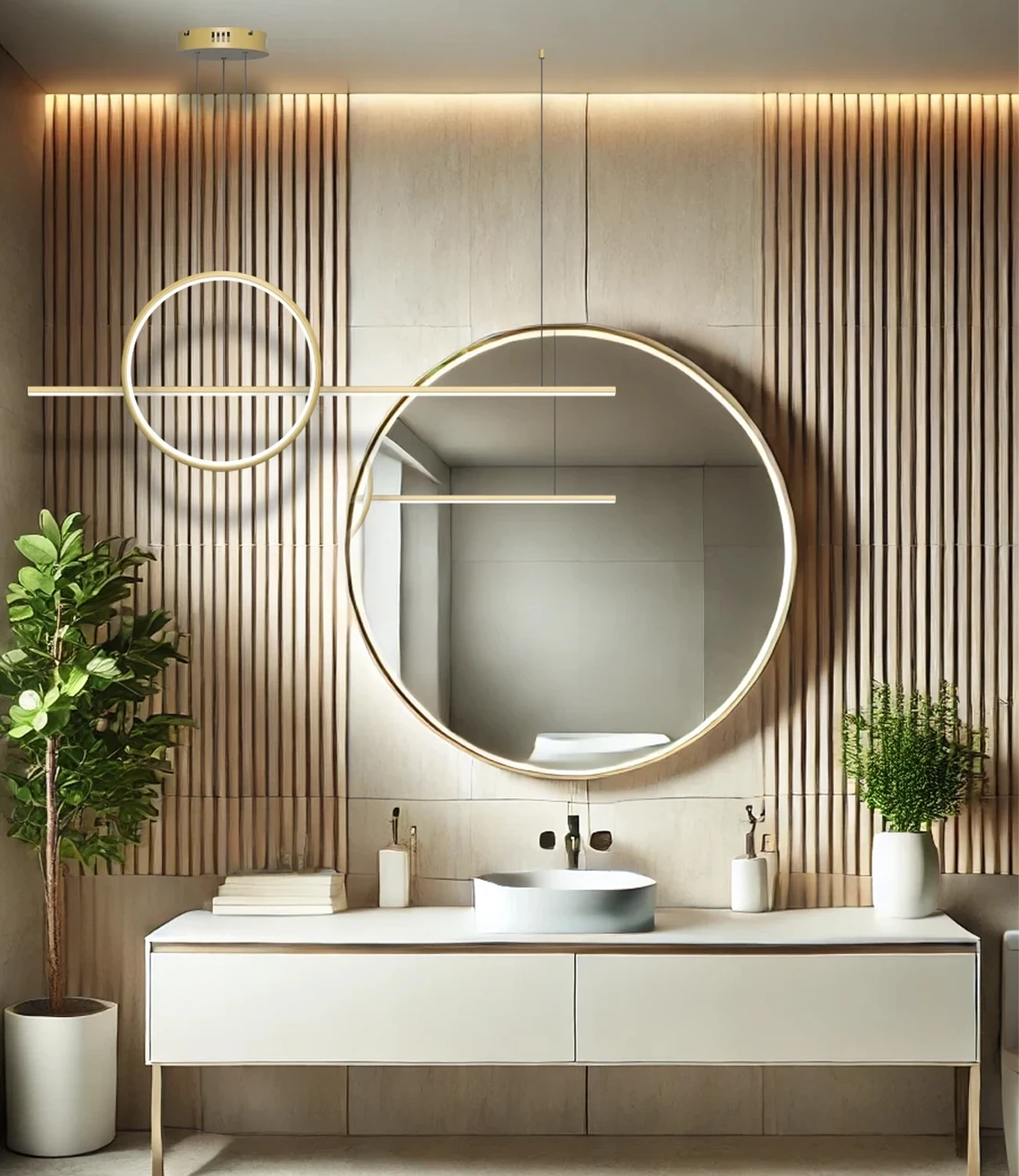 Designerska złota lampa Led Geometrik nad lustrem w łazience – idealna do nowoczesnych aranżacji