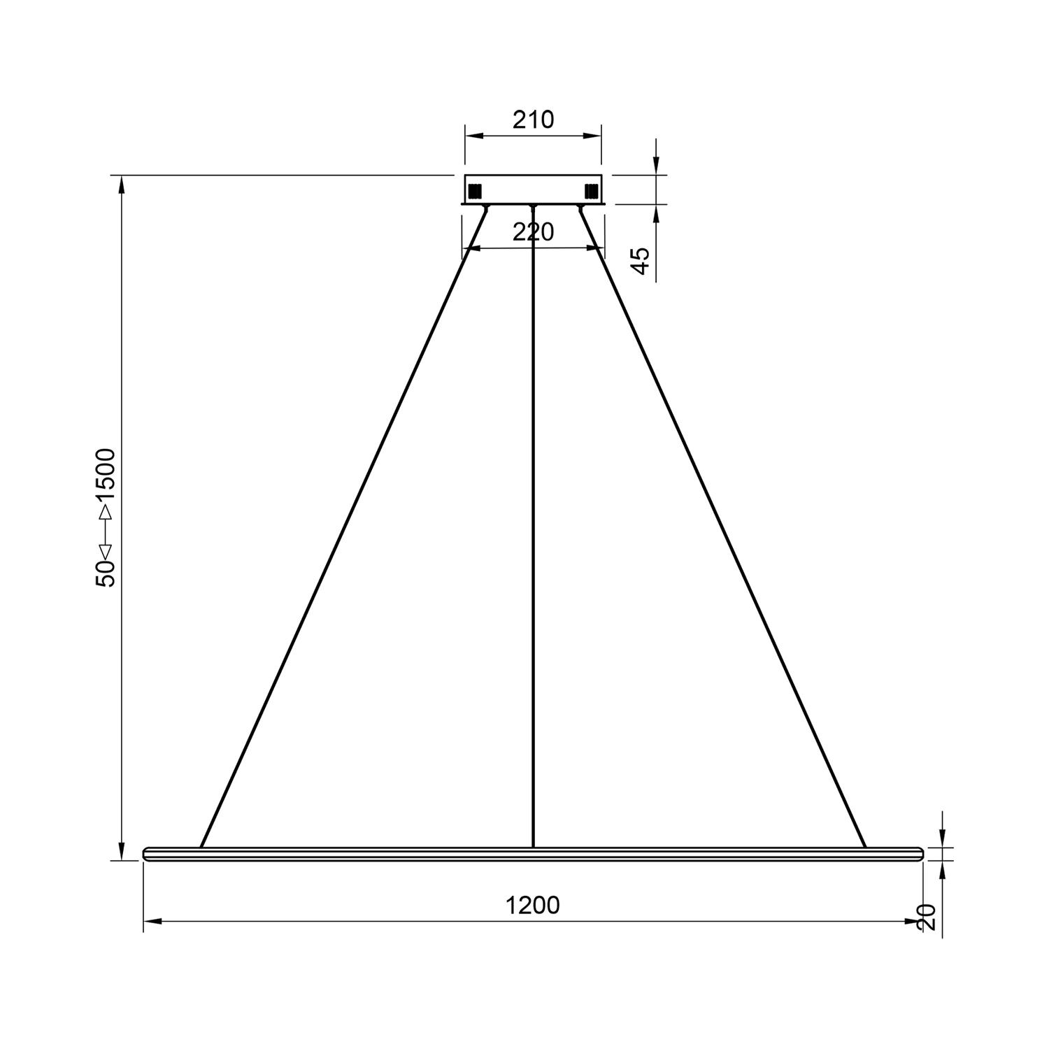 Rysunek techniczny lampy Orbit No.1 120 cm – złoty satynowy LED, barwa 3000K, wersja Tuya Smart