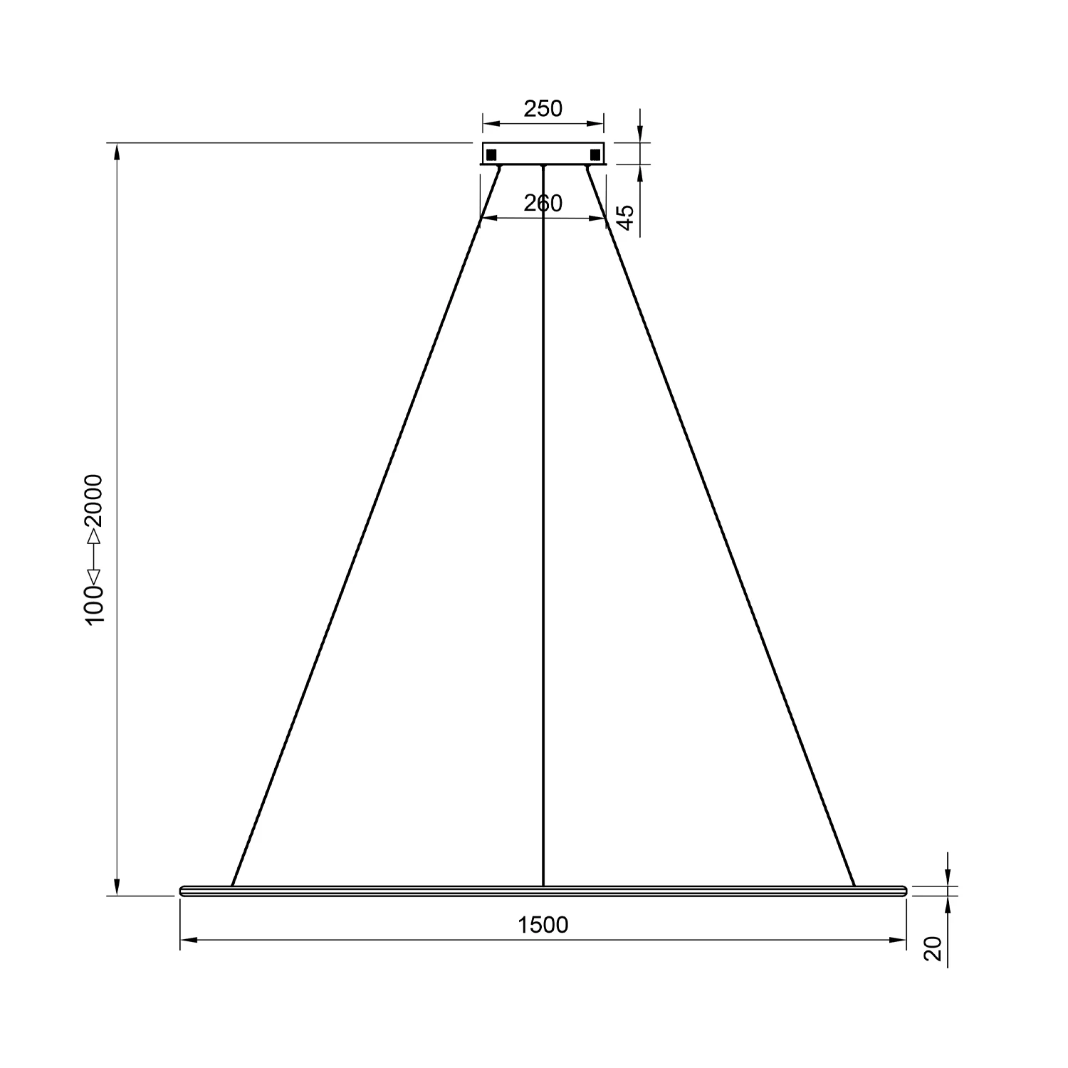 Rysunek techniczny lampy Orbit No.1 150 cm – barwa światła 4000K, wersja z pilotem