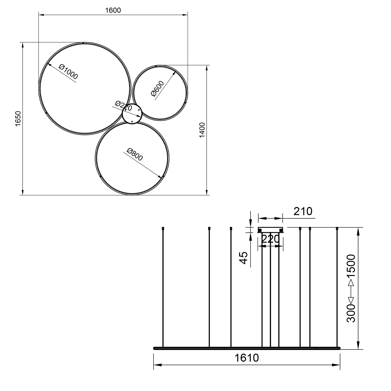 Rysunek techniczny lampy LED Orbit S No.3 – trzy ringi o średnicach 100, 80 i 60 cm