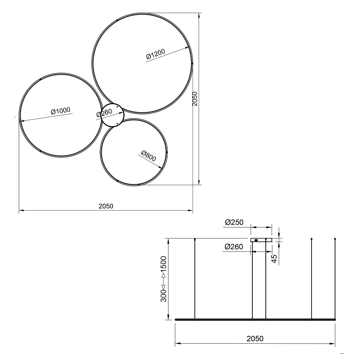 Rysunek techniczny lampy LED Orbit S No.3 – trzy ringi o średnicach 120, 100 i 80 cm