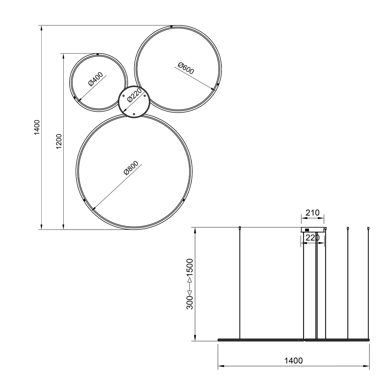 Rysunek techniczny lampy LED Orbit S No.3 – trzy ringi o średnicach 80, 60 i 40 cm