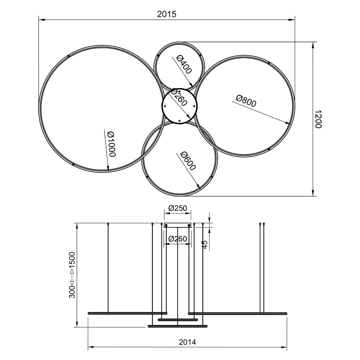 Rysunek techniczny lampy LED Orbit S No.4 – cztery ringi 100, 80, 60 i 40 cm