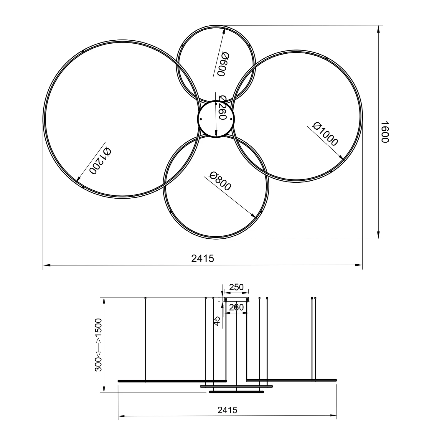 Rysunek techniczny lampy LED Orbit S No.4 Tuya – cztery obręcze LED o średnicach 120, 100, 80 i 60 cm