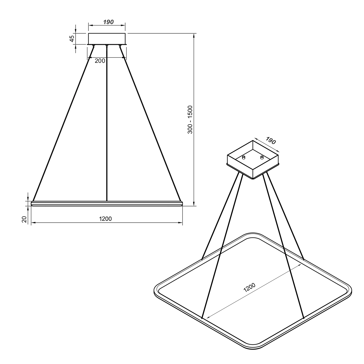 Rysunek techniczny lampy Led Quadrum 120 cm – kwadratowa lampa LED, barwa światła 4000K