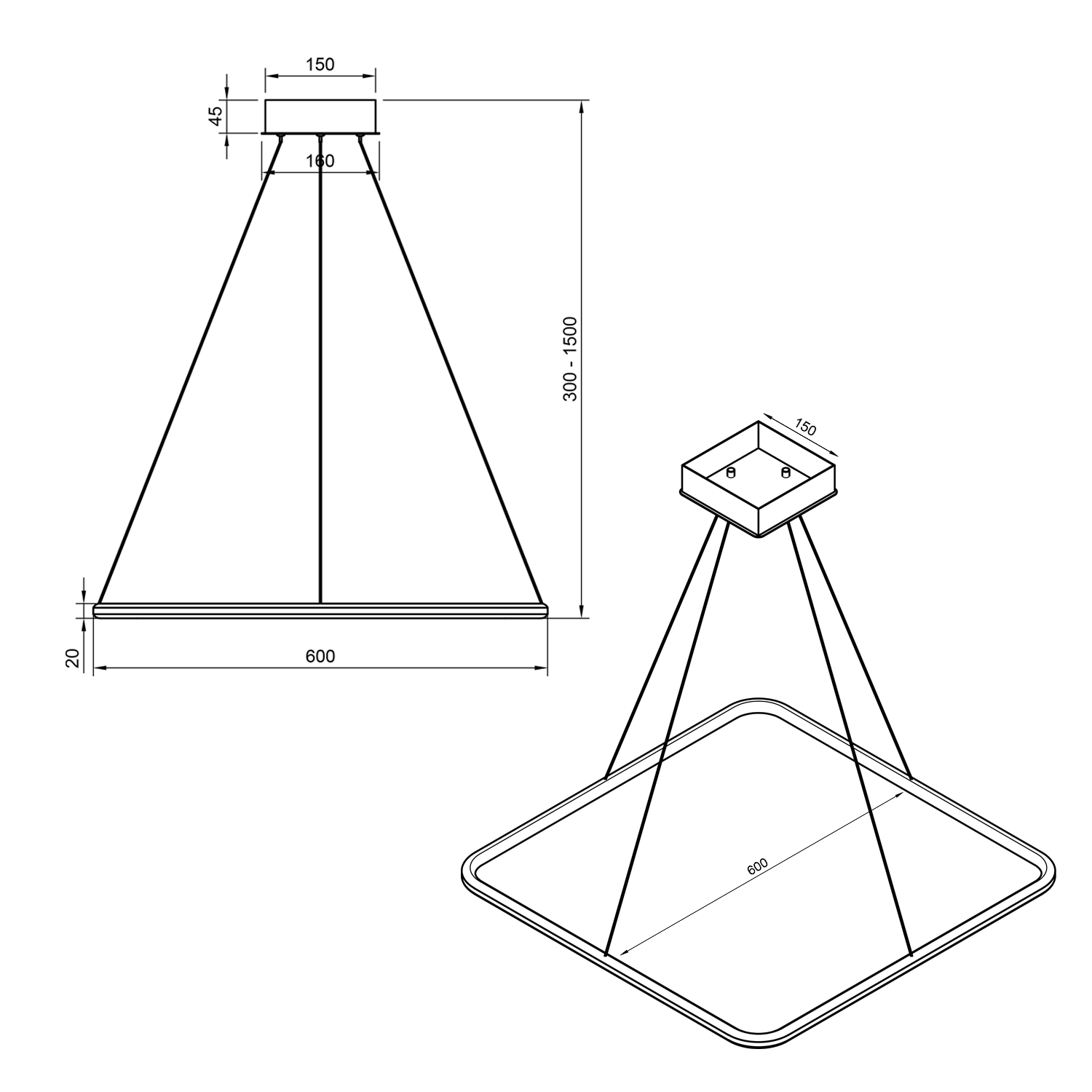 Rysunek techniczny lampy Led Quadrum 60 cm – kwadratowa lampa LED, barwa światła 4000K