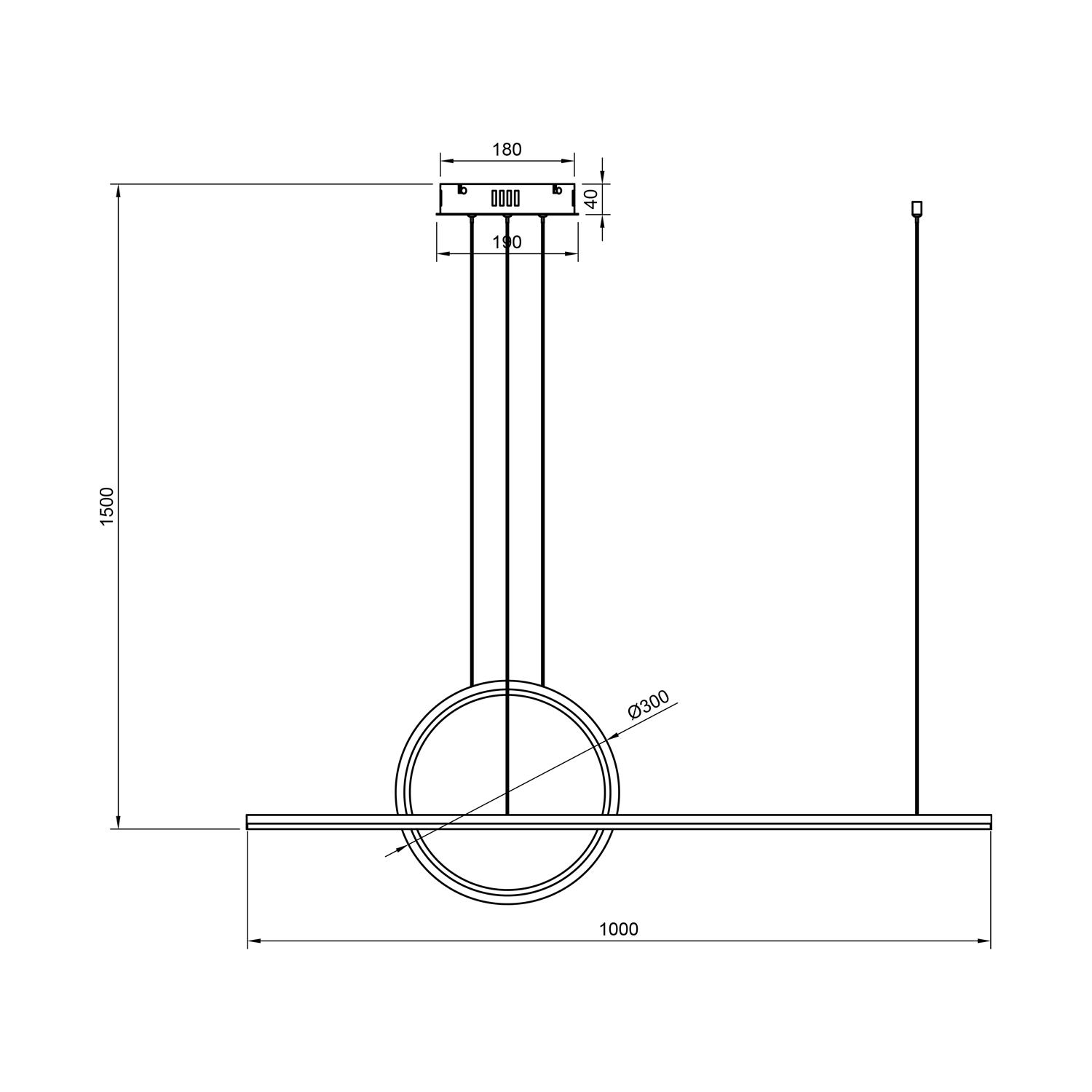 Rysunek techniczny lampy LED Geometrik 3 z pionowym ringiem 30 cm i linią LED 100 cm