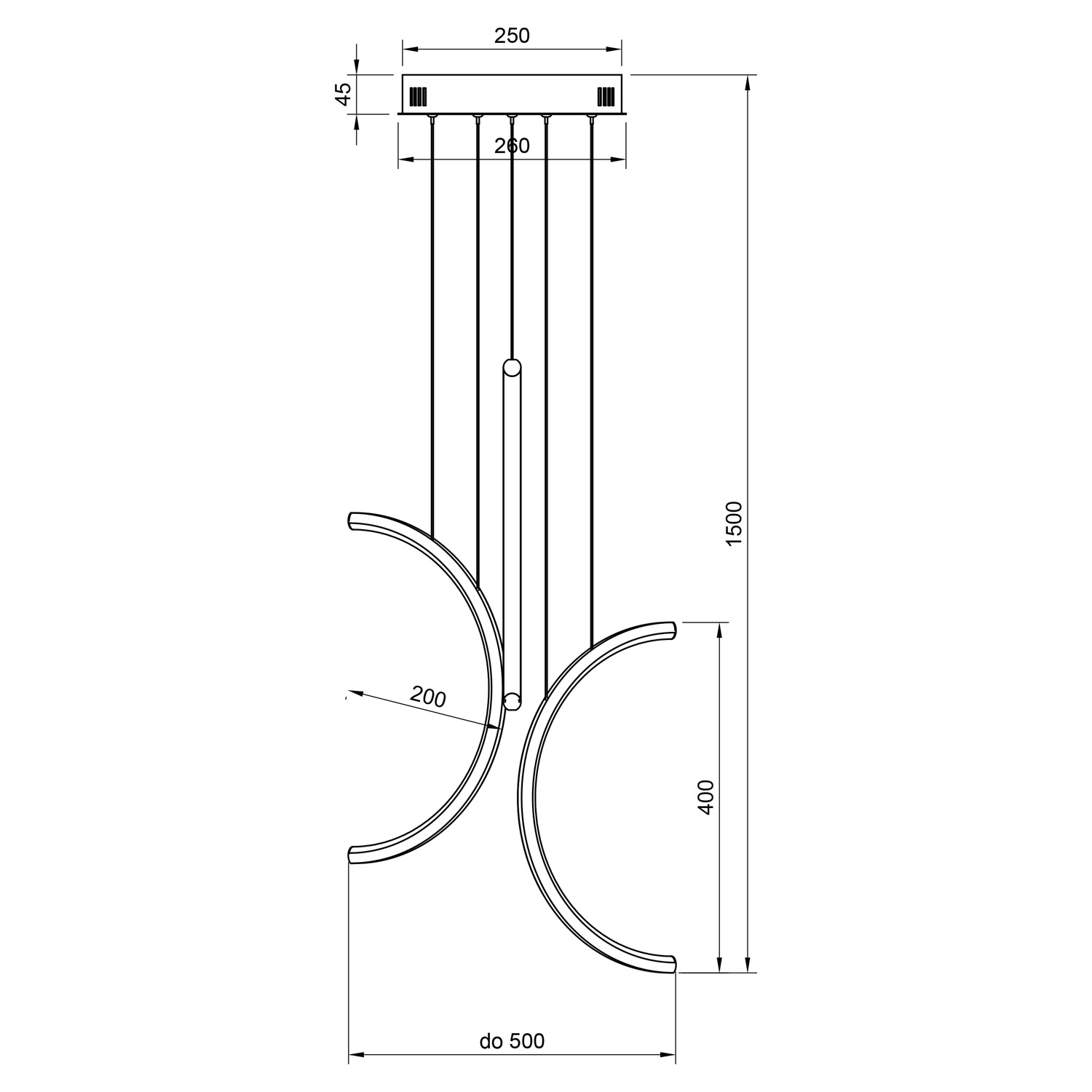 Rysunek techniczny lampy Led Moon No.3 40 cm z wymiarami półokrągłych opraw