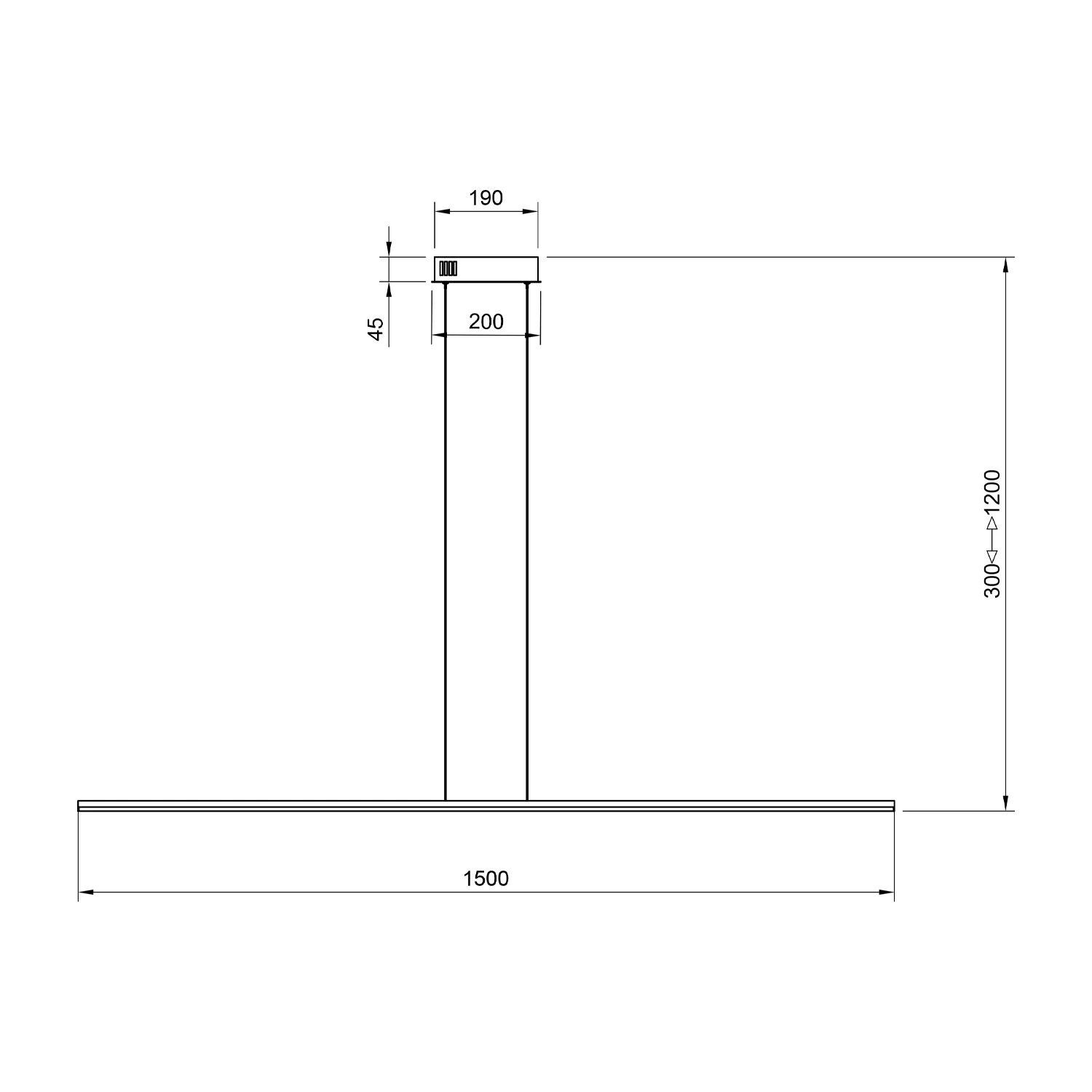 Rysunek techniczny z wymiarami lampy Led Line 150 cm