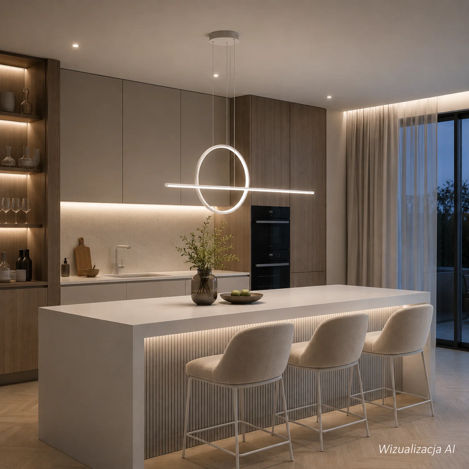 Biała lampa wisząca LED Geometrik No.2 4000K z ringiem 40 cm i linią LED 120 cm