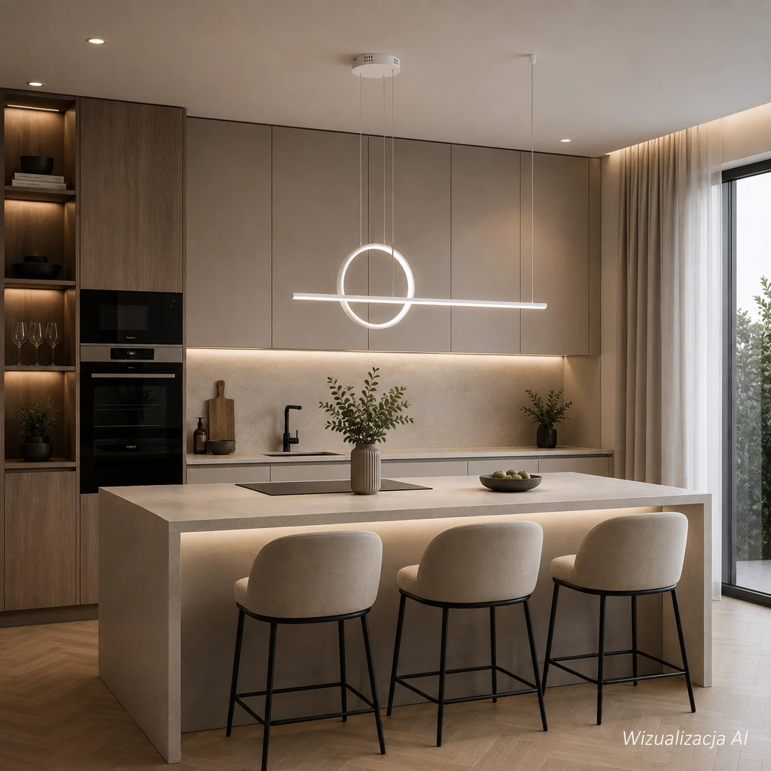 Biała lampa LED Geometrik No.2 4000K z linią LED 120 cm i pionowym ringiem 40 cm