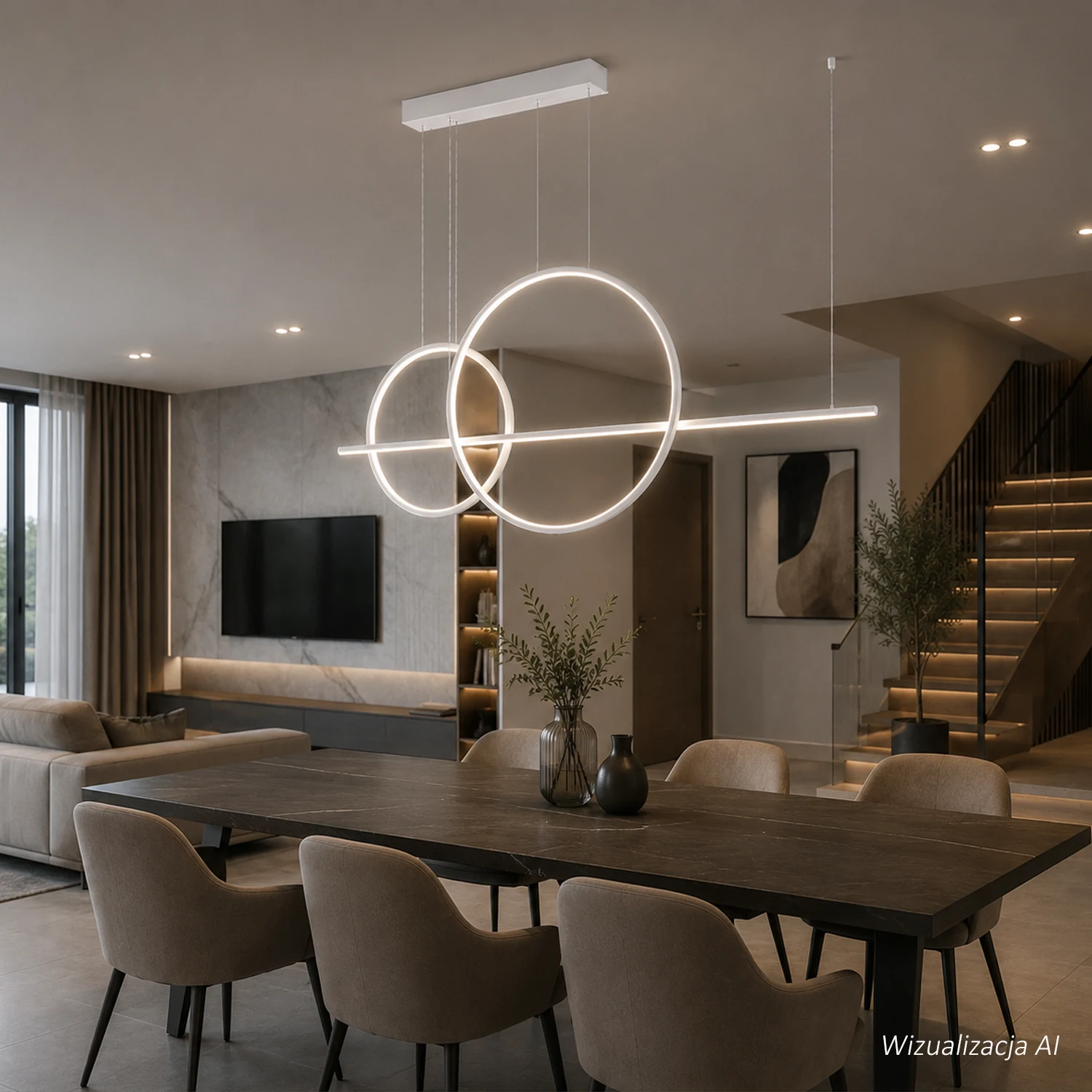 Biała lampa LED Geometrik No.4 4000K z linią LED 150 cm i pionowymi ringami 60 i 40 cm