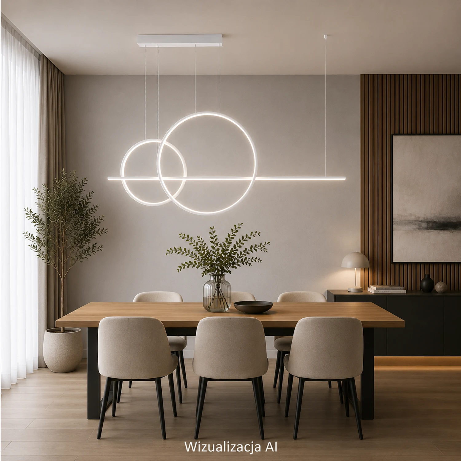 Biała lampa wisząca LED Geometrik No.4 4000K z dwoma ringami i linią LED 150 cm