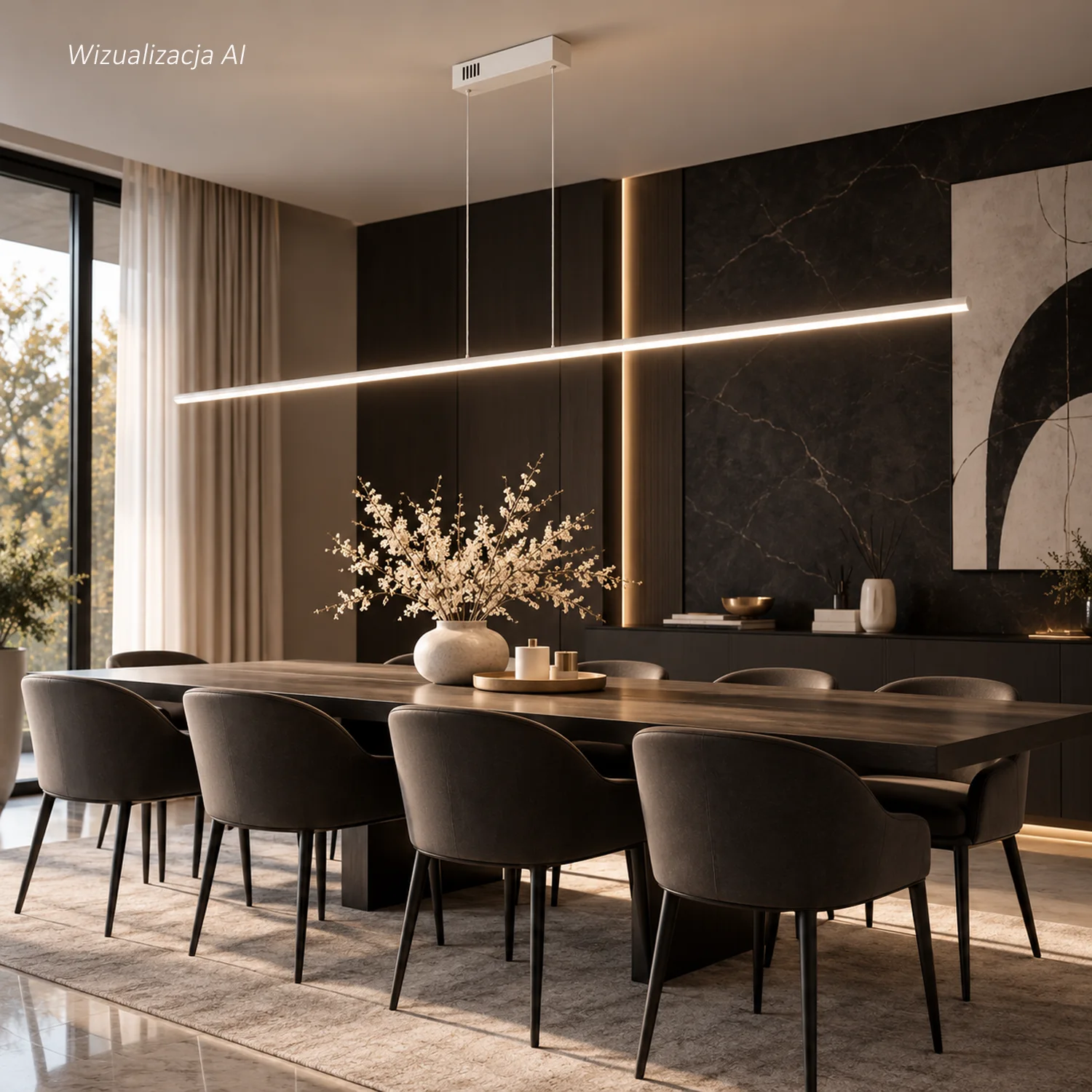 Led Line 180 cm biała 3000K – nowoczesna lampa wisząca z ciepłym światłem nad stołem w jadalni