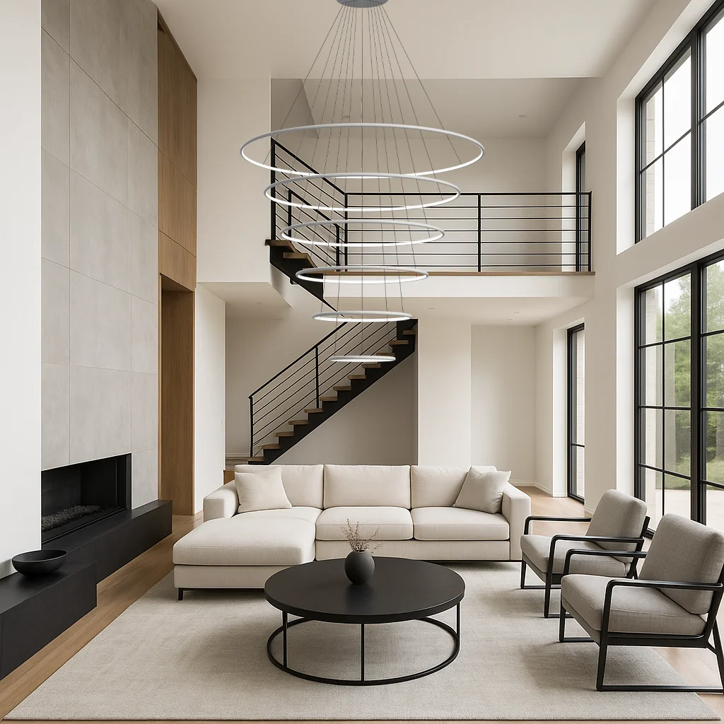 Designerska biała lampa ring LED Orbit No.6 – sześć obręczy LED w eleganckiej jadalni