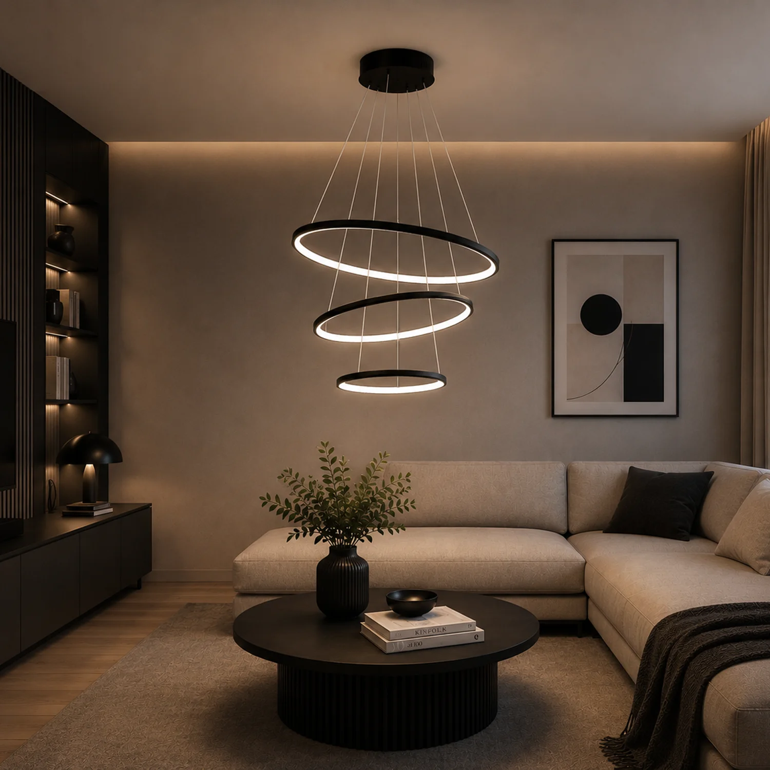 Czarna lampa wisząca LED Orbit No.3 50 cm 4000K z trzema obręczami LED