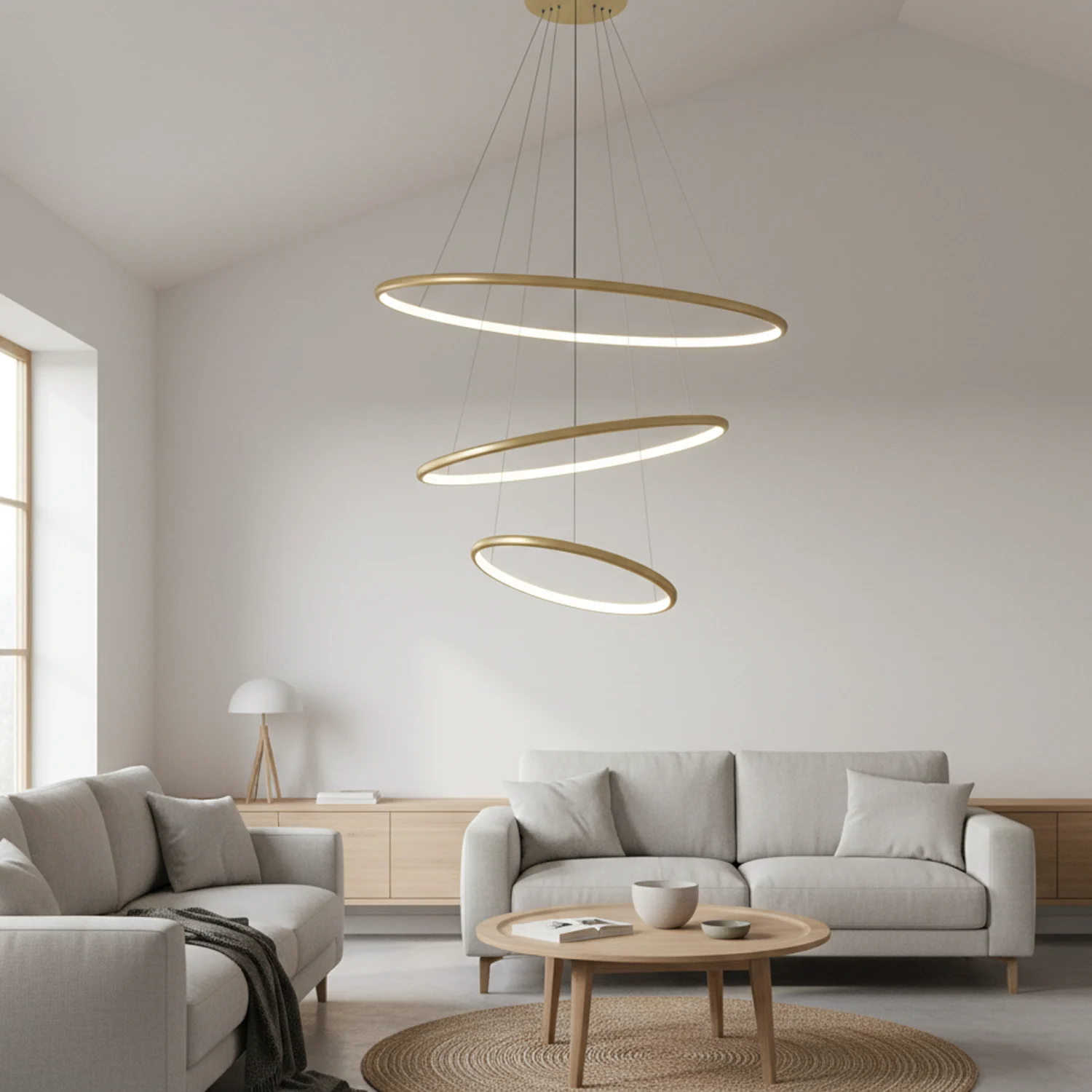 Lampa LED Orbit No.3 złota 80 cm – trzy ringi LED w pionowej aranżacji nad stołem
