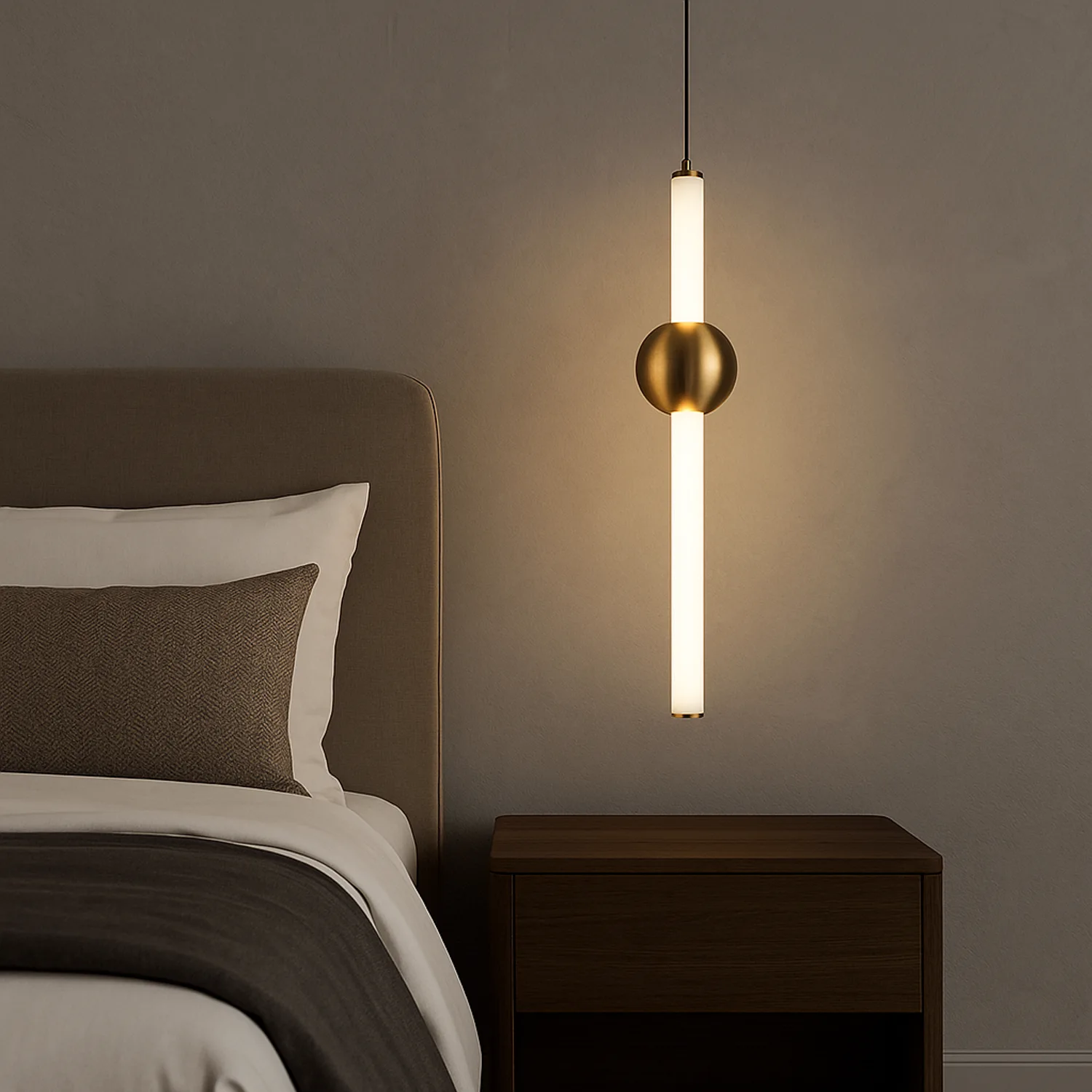 Złota lampa wisząca LED Led Solis B1 – pionowa forma z mlecznym kloszem w nowoczesnym wnętrzu