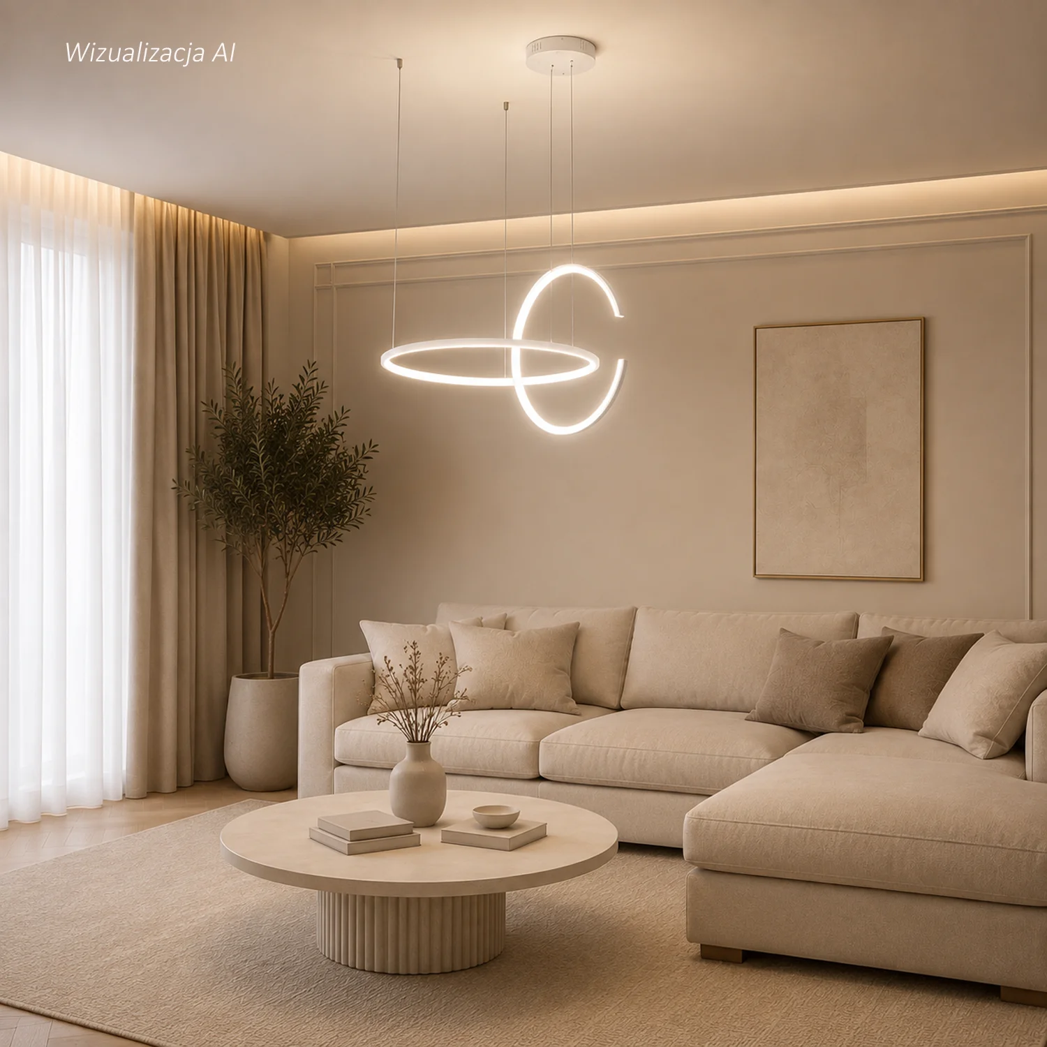 Biała lampa wisząca Led Celestial No.2 4000K w nowoczesnym salonie