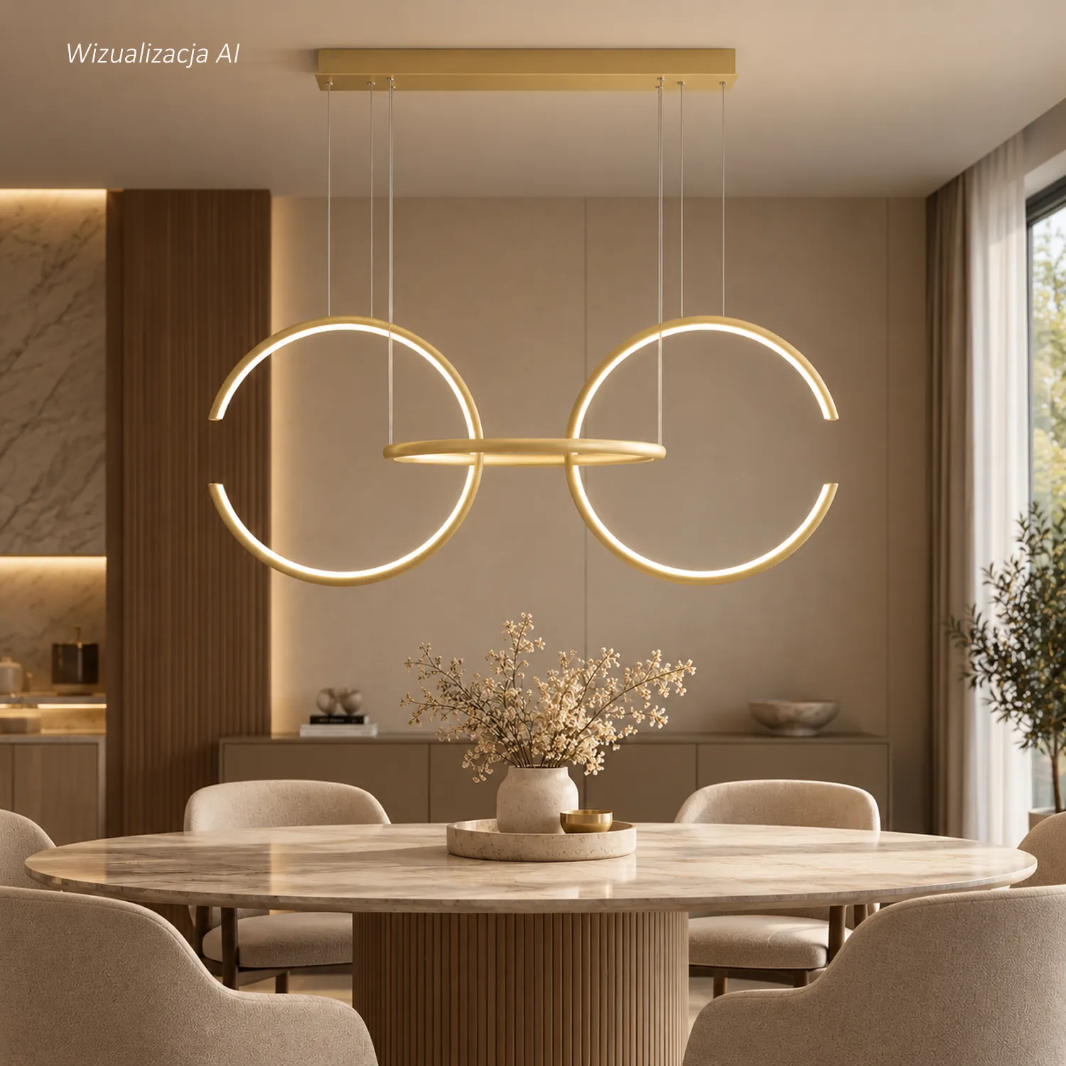 Złota lampa Led Celestial No.3 4000K sterowana pilotem w jadalni
