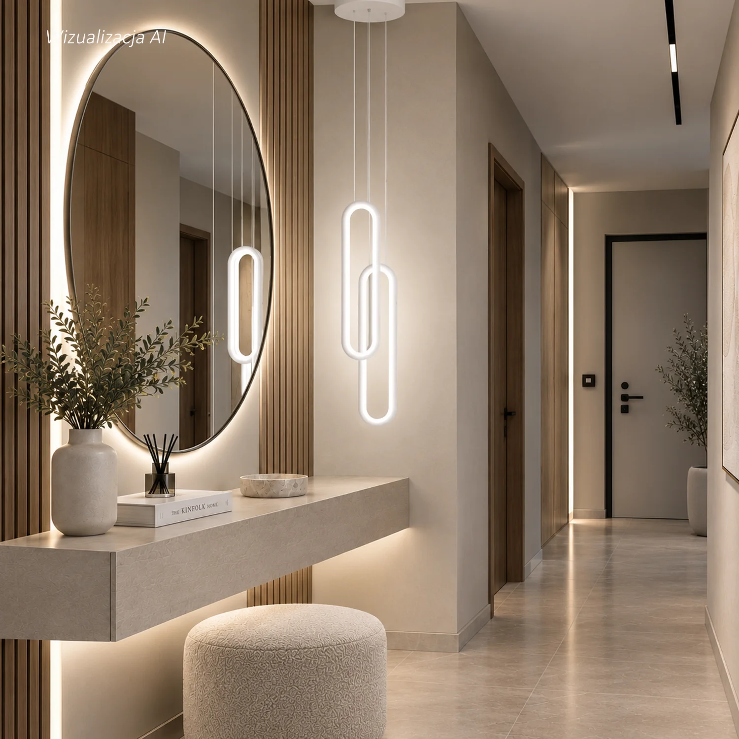Biała lampa wisząca Led Ellipse No.2 w nowoczesnym przedpokoju lub garderobie