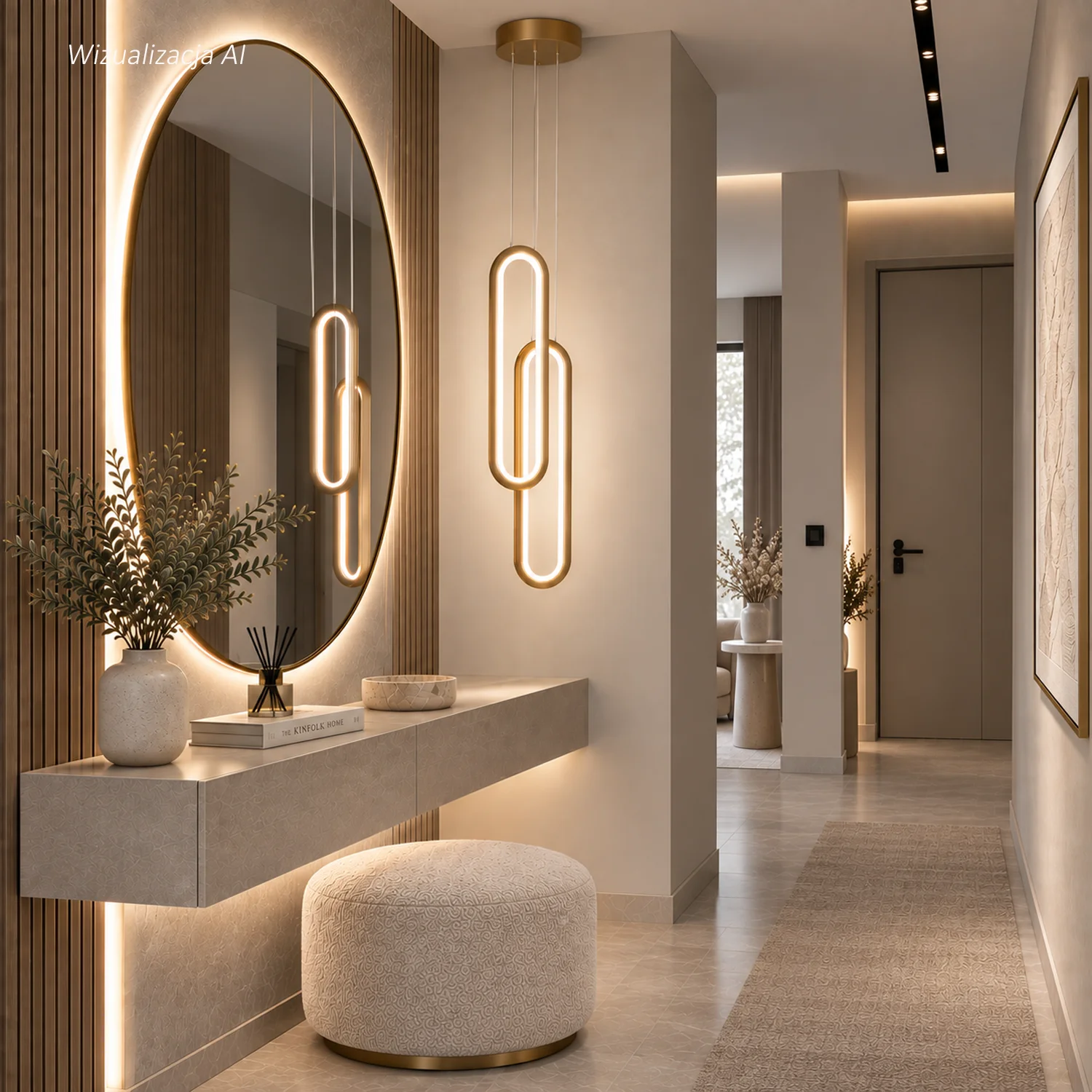 Złota lampa wisząca Led Ellipse No.2 4000K w nowoczesnym wnętrzu z dekoracyjnym oświetleniem LED