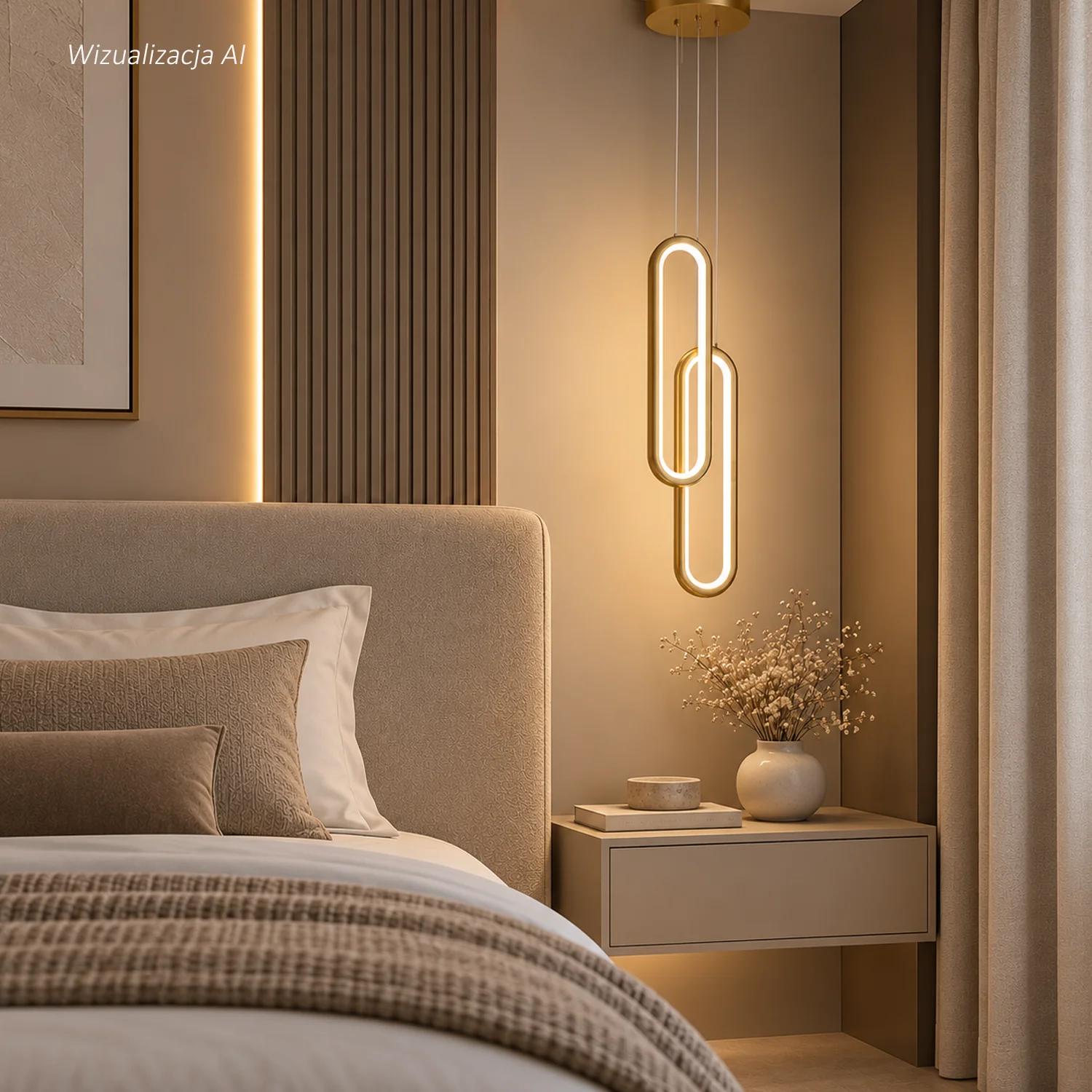 Złota lampa wisząca Led Ellipse No.2 4000K z dwiema pionowymi elipsami LED w eleganckiej aranżacji wnętrza